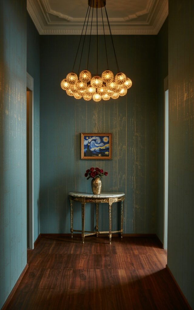 A photograph of a dimly lit, opulent hallway leading towards an unseen living room, dominated by a single, striking cluster globe pendant light suspended from a false decorative ceiling. The light fixture is crafted from brushed gold and features numerous intricately arranged glass orbs that cast intricate patterns onto the polished dark walnut wood floor below. A slender, antique console table with a marble top sits against the wall, displaying a single, ornate vase filled with deep red roses and a small, framed print of ““The Starry Night”” is elegantly hung nearby, creating a luxurious and inviting ambiance. The hallway walls are covered in a rich, textured wallpaper of deep teal with subtle gold threading, softly illuminated by the pendant light, contributing to the overall sense of timeless elegance and quiet sophistication.