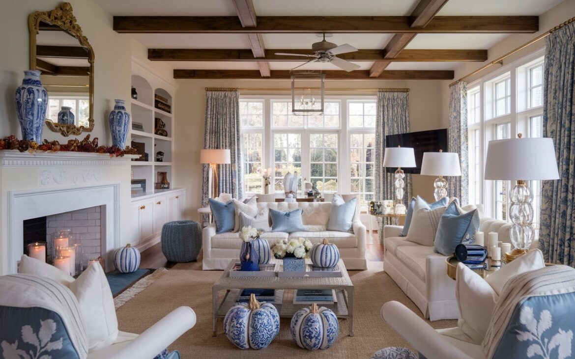 A luxurious English countryside-style living room infused with glam accents, styled for fall with blue-and-white decor. A photo of a luxurious English countryside-style living room infused with glam accents, styled for fall with blue-and-white decor. The room features a cozy seating area with plush sofas, layered blue-and-white throw pillows, and soft patterned blankets. Blue-and-white ceramic pumpkins, vases, and candles are arranged tastefully on the mantel, coffee table, and side tables. Elegant gold and crystal accents add a touch of sophistication. Warm natural light streams through large curtained windows, highlighting rich textures like wooden beams, ornate mirrors, and woven rugs. The space has a fireplace + TV, ceiling fan, shelves, etc. The overall vibe is polished yet cozy, seasonal, and effortlessly stylish.