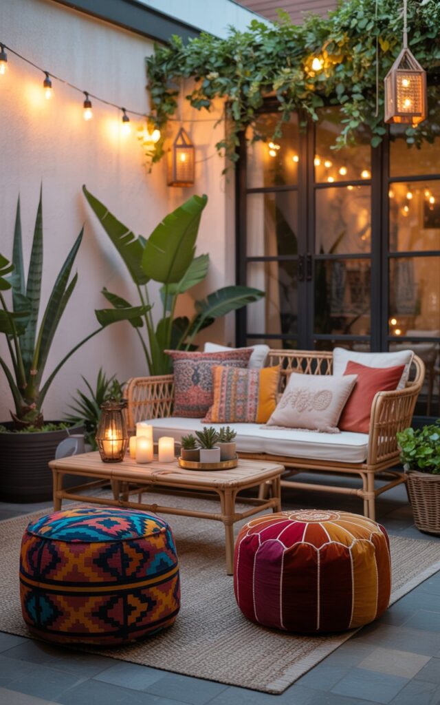 A photograph of a maximalist-Boho style patio bathed in the soft glow of dusk. Two vibrant poufs, one adorned with bold geometric prints and the other in rich, tufted velvet, sit playfully in the foreground. A rattan loveseat overflows with an assortment of patterned cushions and throws, while a low wooden coffee table holds a cluster of flickering candles and small potted succulents, enhancing the cozy atmosphere. Lush greenery cascades from hanging lanterns and string lights, creating a layered and inviting space perfect for relaxed gatherings.