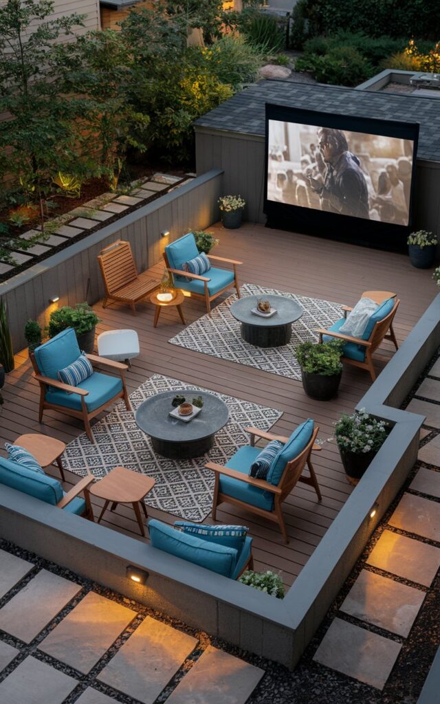 A photo of a mid-century modern backyard patio attached to a home. The patio has a decked lounge area with a surrounding compound wall. It is designed for outdoor movie nights and has a large outdoor projector screen showing a movie. The patio is fully furnished with wooden chairs, cushioned sofas, patterned rugs, and potted greenery. There are modular lounge seating and low tables. The patio has soft ambient lighting and subtle accent lamps, creating a warm evening vibe.