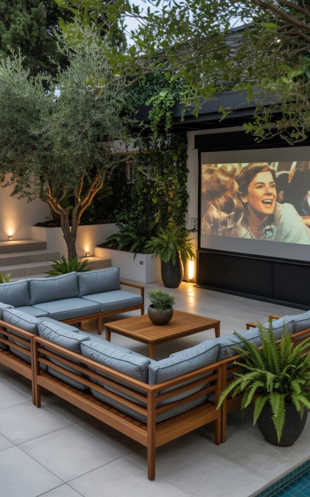 A photograph of a stylish mid-century modern backyard patio designed with tiered levels for socializing. A large modular sectional with dove grey cushions and teak wood frames anchors the space, strategically positioned to face a large outdoor projector screen displaying a vibrant classic film. Lush potted ferns and olive trees are carefully placed around the patio, complementing the sleek teak coffee table and providing pops of natural color. Soft, warm ambient lighting emanates from recessed fixtures in the patio's perimeter, casting a gentle glow across the scene.