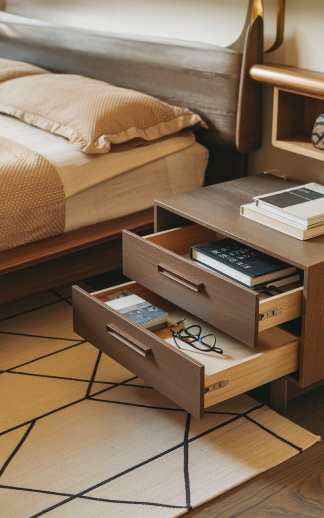 A photo of a mid-century modern bedroom with a sleek nightstand with drawers. The nightstand is placed next to a low-profile bed with clean lines and textured bedding. The room has minimalistic decor with warm wood tones, a geometric rug, and subtle accent pieces. The drawers of the nightstand contain books, a charger, and specs.