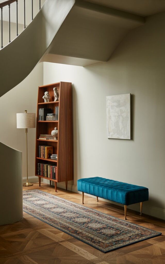 A photograph showcasing a chic, mid-century modern hallway nestled beneath a sweeping staircase. A slender walnut bookshelf, brimming with leather-bound volumes and ceramic figurines, stands against a pale grey wall, anchored by a brass floor lamp with a linen shade. A plush, teal velvet bench with brass legs sits invitingly on a patterned runner that traverses the warm oak flooring, accented by a single, minimalist abstract painting. Soft, diffused light streams in from an unseen window, highlighting the clean lines and rich textures of the space.