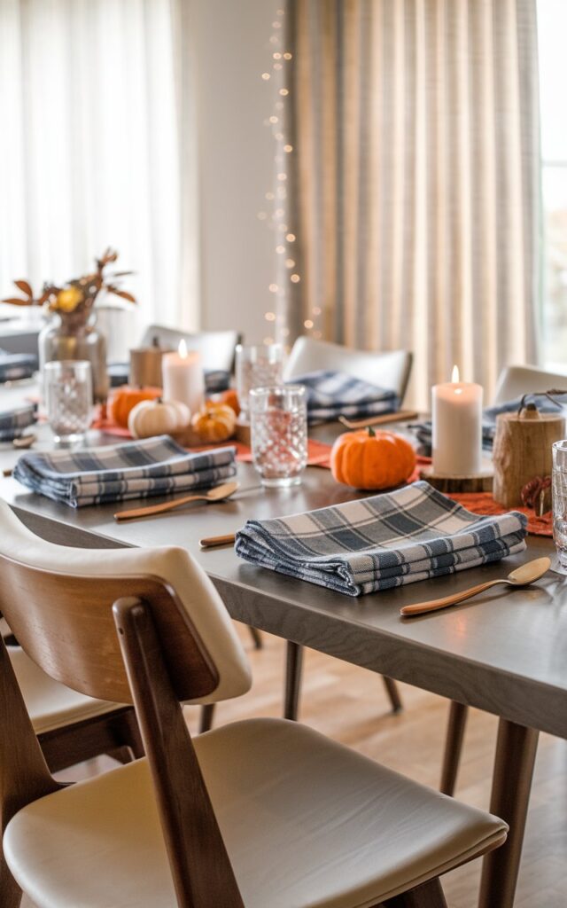 A photo of a mid-century modern dining area styled for fall. The focus is on a close-up of neatly folded blue-and-white plaid napkins arranged on the dining table. The table is adorned with subtle autumn accents like small pumpkins, candles, and rustic wood elements. Clean-lined mid-century chairs, warm wood tones, and soft natural light from nearby curtained windows frame the scene, creating a cozy yet stylish tabletop. The overall vibe is polished, inviting, and perfectly seasonal.