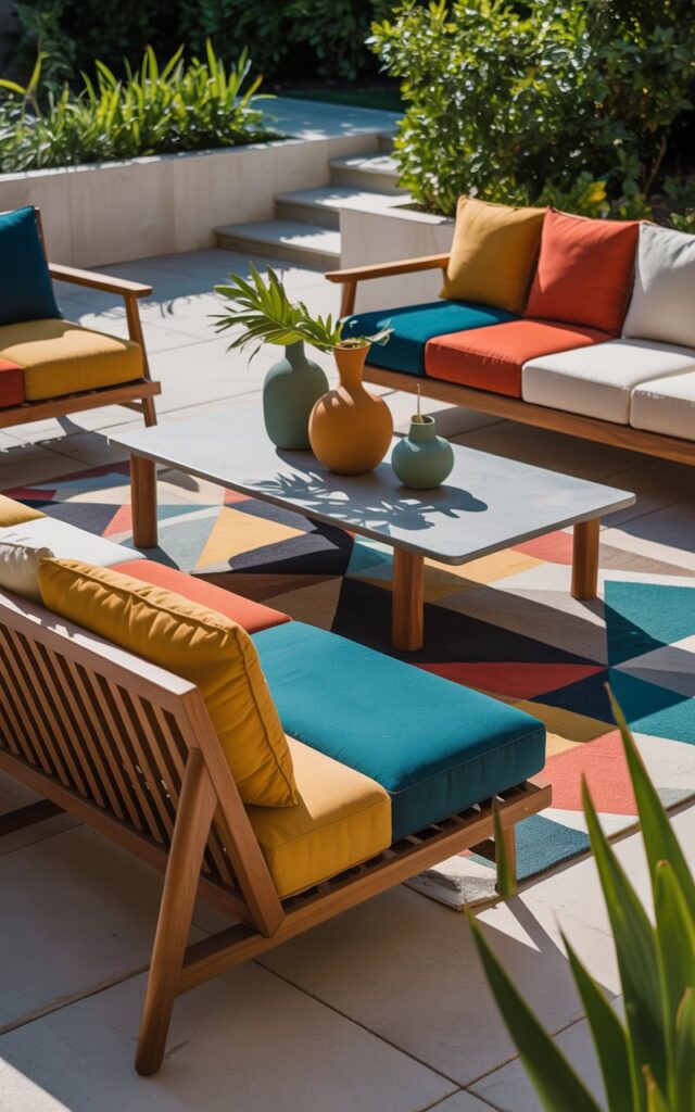 A photograph of a mid-century modern patio featuring sleek wooden lounge chairs and a low-profile sofa arranged around a minimalist coffee table. The seating is adorned with color-blocked cushions in bold contrasts of mustard yellow, teal, burnt orange, and cream, creating a playful yet sophisticated aesthetic, with a geometric outdoor rug anchoring the space. Sculptural vases filled with vibrant green plants sit atop the coffee table, while clean, modern planters frame the patio with surrounding greenery bathed in the soft light of a late afternoon sun. The overall scene exudes a fresh, contemporary vibe, evoking the essence of mid-century design.
