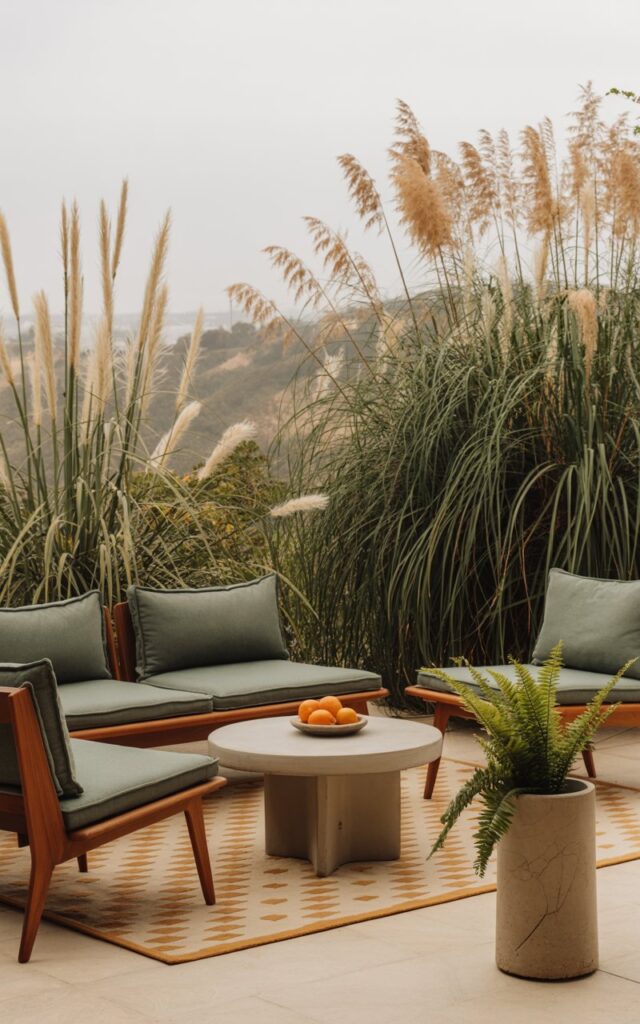 A photograph of a mid-century modern patio bathed in the golden light of late afternoon. The central focus is a low, teak wood sofa with dove-grey cushions, artfully arranged with two angled-leg armchairs facing a minimalist concrete coffee table holding a small ceramic bowl of vibrant orange citrus fruits. Tall ornamental grasses—a mix of feathery pampas and delicate miscanthus—frame the patio, gently swaying and creating a natural screen while allowing glimpses of a distant, hazy hillside. A geometric patterned rug in shades of ochre and cream anchors the seating area, and a sculptural concrete planter with a single, dramatic fern sits subtly in a corner, completing the serene and stylish outdoor retreat.