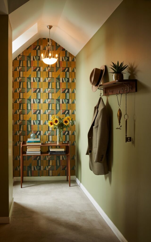 A photograph of a mid-century modern hallway bathed in soft, warm light emanating from a small, elegant chandelier suspended from the vaulted ceiling. The focal point is the bold patterned accent wall, a vibrant tapestry of mustard yellow, green, and blue geometric shapes, contrasting with the neutral-toned wall opposite. A slender console table sits beneath the accent wall, adorned with neatly stacked books, a vase holding a bouquet of sunflowers, and a set of vintage wall hooks displaying a fedora, a tweed jacket, and a set of brass keys, all complemented by a floating shelf holding a small succulent. The hallway, leading towards a subtly visible bedroom, creates a stylish and functional corridor with clean lines and a sense of inviting warmth.
