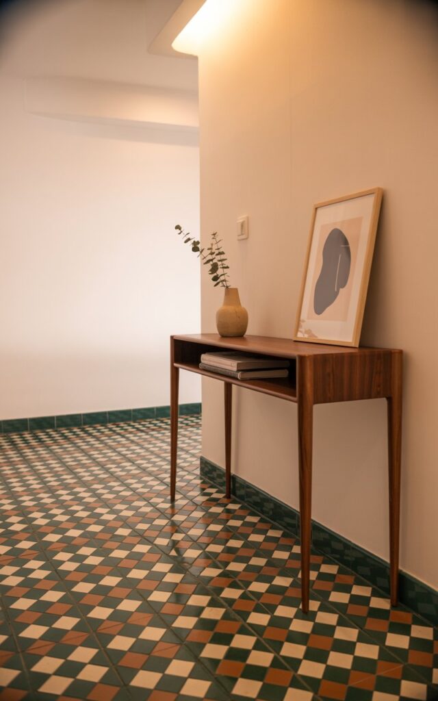 A photograph of a mid-century modern hallway with striking geometric Moroccan print tiles covering the flooring. The vibrant tiles feature a repeating pattern of deep teal, burnt orange, and cream diamonds, drawing the eye down the corridor. A slim walnut console table with tapered legs sits against the far wall, adorned with a single ceramic vase holding a sprig of dried eucalyptus and a framed abstract print. Soft, warm ambient lighting from a recessed ceiling fixture highlights the clean lines of the hallway and casts a gentle glow over the space, leading toward an unseen adjoining room.