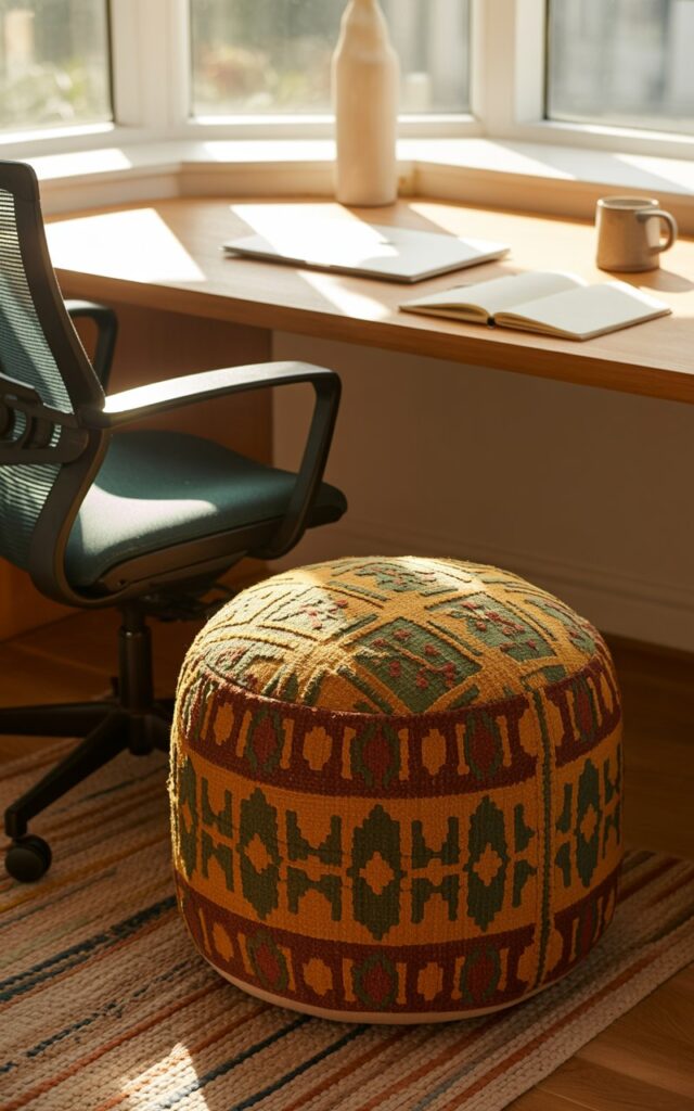 A photograph of a small, patterned pouf taking center stage in a mid-century modern home office. The pouf is circular, covered in a geometric pattern of mustard yellow, olive green, and burnt orange, with a soft, inviting texture and sits beside a clean wooden desk. A laptop, open notebook, and a ceramic mug sit neatly on the desk, while sunlight streams in from a nearby bay window illuminating the textured rug and the sleek lines of a dark teal ergonomic chair. Warm, diffused light softly illuminates the workspace, creating a cozy and stylish atmosphere.