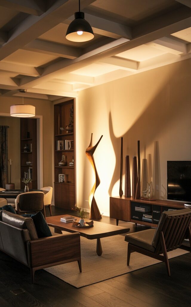 A photo of a mid-century modern living room at night. The room features a handcrafted sculptural wood floor lamp as the statement piece. The lamp casts a warm, golden glow across the room, highlighting the clean lines, rich wood tones, and minimalist design. The space includes a sleek sofa, wooden coffee table, accent chairs, entertainment console with TV, bookshelf, and subtle décor accents. The coffered ceiling has a pendant light.