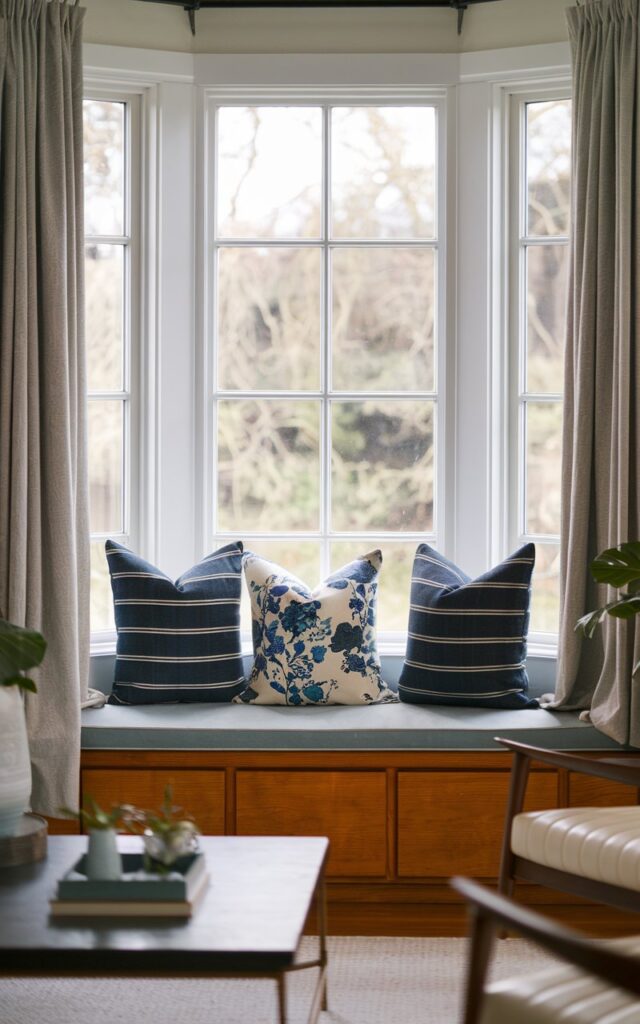 A photo of a mid-century modern living room with a cozy bay window turned into a reading nook. On the window seat, there are 3-4 blue and white pillows with a mix of floral and striped patterns. The room includes mid-century furnishings, a minimalist coffee table, subtle decor accents, and greenery. The large curtained windows allow soft, natural light to pour in, highlighting the textures of the pillows and the warm wood tones of the window seat.