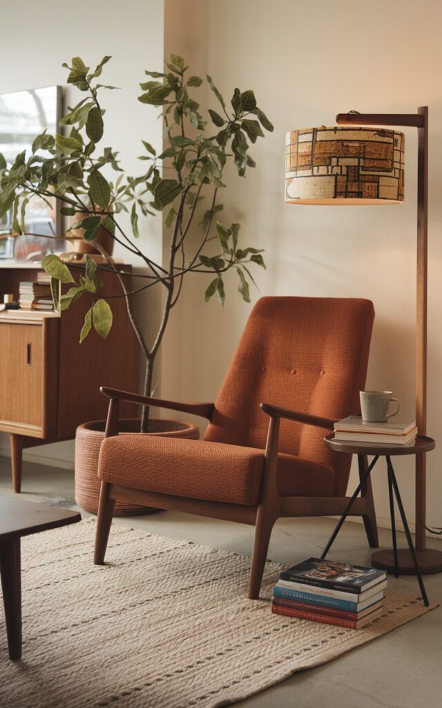 A photo of a mid-century modern living room with a cozy reading nook in the corner. There's a comfy accent chair with a wooden frame and a burnt orange fabric. A stack of books and a mug sit on a small side table near the chair. A floor lamp with a wooden base and a lampshade made of fabric with a pattern is placed next to the chair. A textured rug covers the floor. A potted plant with green leaves stands near the side table. The room has clean lines, wooden furniture, and retro-inspired décor.