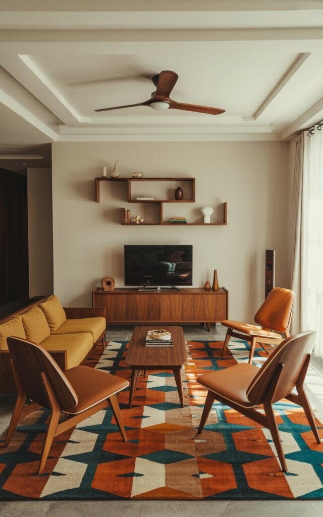 A mid-century modern living room photograph featuring a bold geometric patterned rug in burnt orange, teal, and cream as the central focal point anchoring the entire space. A sleek walnut-framed sofa with plush mustard yellow cushions faces a low-profile teak coffee table, flanked by iconic Eames-style lounge chairs upholstered in rich cognac leather with their signature tapered wooden legs. The entertainment wall showcases a streamlined walnut credenza supporting a flat-screen TV, with floating geometric shelves displaying carefully curated mid-century ceramics and vintage books. Above, a sophisticated coffered ceiling features a period-appropriate ceiling fan, while soft natural light filters through the space, creating warm shadows that enhance the room's authentic retro atmosphere.