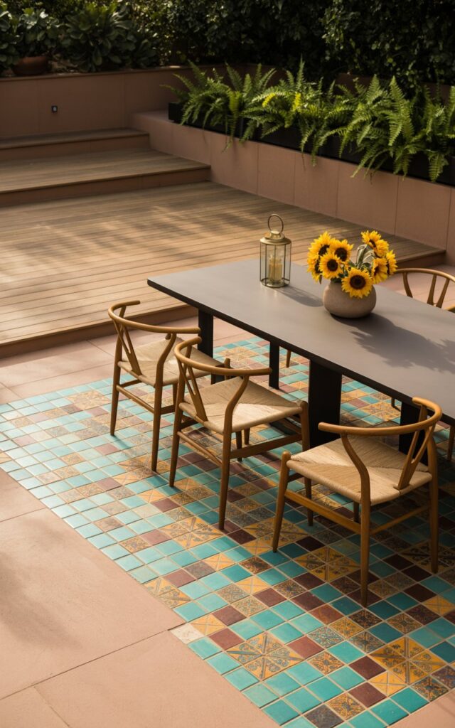 A photograph of a mid-century modern patio showcasing a striking accent of Moroccan tiles beneath a minimalist dining area. The tiles feature bold geometric patterns in vibrant hues of turquoise, saffron, and crimson, arranged in a mesmerizing radial design beneath a sleek teak dining table with four wishbone chairs. A lounge area with warm-toned wooden flooring and low planters overflowing with sculptural ferns sits adjacent, while a single metal lantern casts a soft glow on a ceramic vase filled with bright yellow sunflowers. The scene is bathed in the golden light of late afternoon, creating a sophisticated yet playful atmosphere.