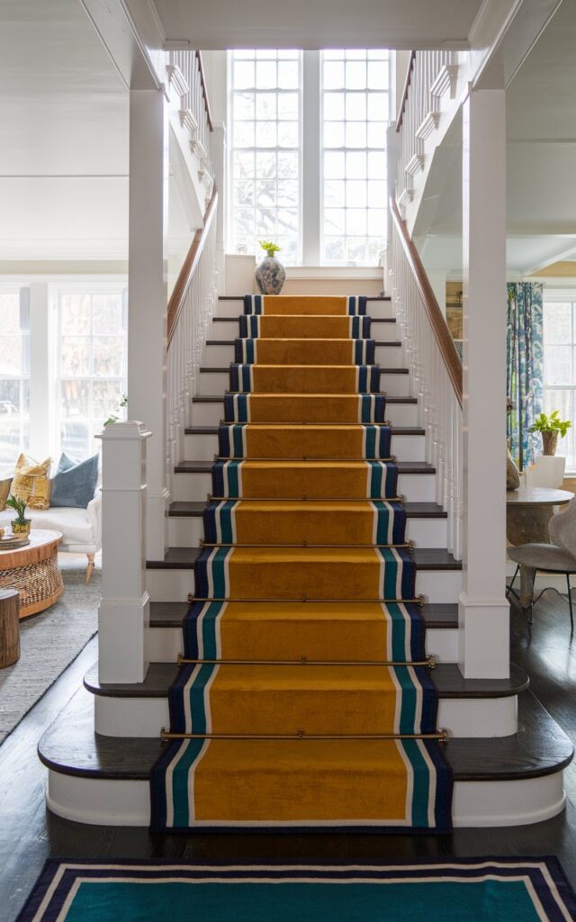 A photo of a mid-century modern + shabby chic style living room with a staircase adorned with a bold runner. The runner has contrasting borders and showcases rich jewel tones like deep teal or mustard, with crisp white or black edging that highlights each step. The staircase has sleek wooden treads, simple railings, and clean lines. The surrounding living room blends mid-century furniture with shabby chic touches, such as distressed wood accents, soft textiles, and vintage décor. Natural light filters through large windows, emphasizing the perfect balance of retro sophistication and relaxed charm.
