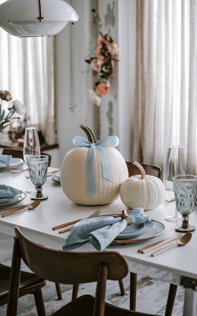 A photo of a mid-century modern style dining room with a vintage charm and sleek design. On the dining table, there is one white pumpkin of medium height and one white pumpkin of small height. Both pumpkins are elegantly tied with blue patterned satin ribbons. The table is styled with minimalist dinnerware, soft linen napkins, and delicate glassware. Surrounding decor includes a mix of mid-century wooden chairs, a statement pendant light, and subtle shabby chic elements like distressed finishes and floral accents. Natural light filters in through nearby curtained windows, highlighting the pumpkins as the centerpiece.