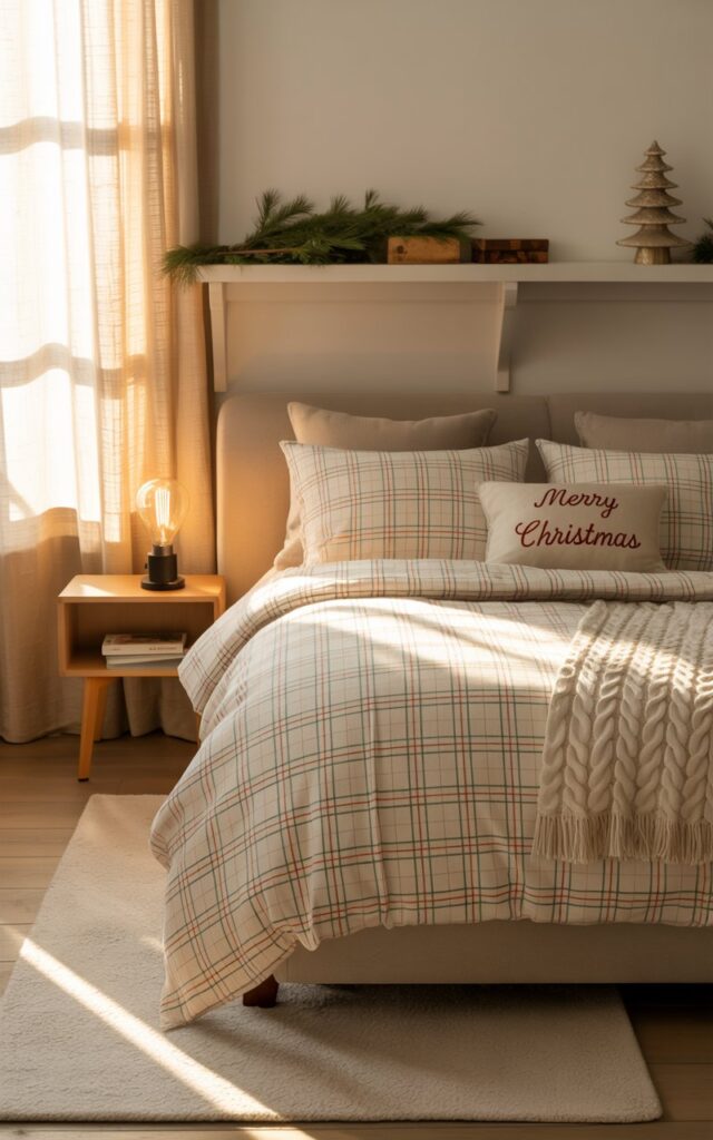 A photograph of a tastefully decorated modern Americana–Scandi bedroom bathed in the warm glow of a late afternoon sun. A plush, white duvet cover with subtle red and green plaid detailing is neatly arranged on the bed, complemented by several throw pillows adorned with "Merry Christmas" and a woven cable knit throw blanket in cream color. To the left of the bed, a simple wooden nightstand holds a vintage-style lamp with a warm Edison bulb, while above it, floating shelves display a few sprigs of evergreen and a miniature ceramic Christmas tree. Soft, linen curtains filter the sunlight, casting gentle shadows across the room and highlighting the texture of the light-colored rug beneath the bed.