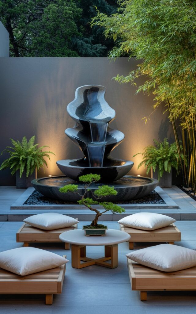 A photograph of a modern Asia-Zen patio bathed in the soft glow of dusk. The focal point is a sleek, sculptural water feature crafted from dark grey stone, gently cascading water into a tiered basin below. Low, minimalist seating constructed from light-toned teak wood and plush, cream-colored floor cushions are arranged around a small, round table displaying a single bonsai tree with meticulously pruned branches. Surrounding the patio are screens of vibrant green bamboo and potted ferns, with subtle uplighting highlighting the water feature’s movement and enhancing the overall serene ambiance.