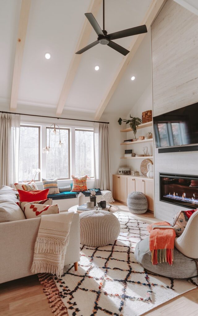 A photo of a modern Boho + Scandi-style living room. There's a neutral sofa with colorful cushions and patterned pillows. The room has a vaulted ceiling with a ceiling fan, a fireplace beneath a mounted TV, and a textured patterned rug. There are light wood tones, cozy throws, and woven accents. The room has curtained windows letting in natural light. The vibrant pillows bring personality and warmth to the serene Scandi-Boho mix, creating a perfect blend of playful comfort and minimalist sophistication.