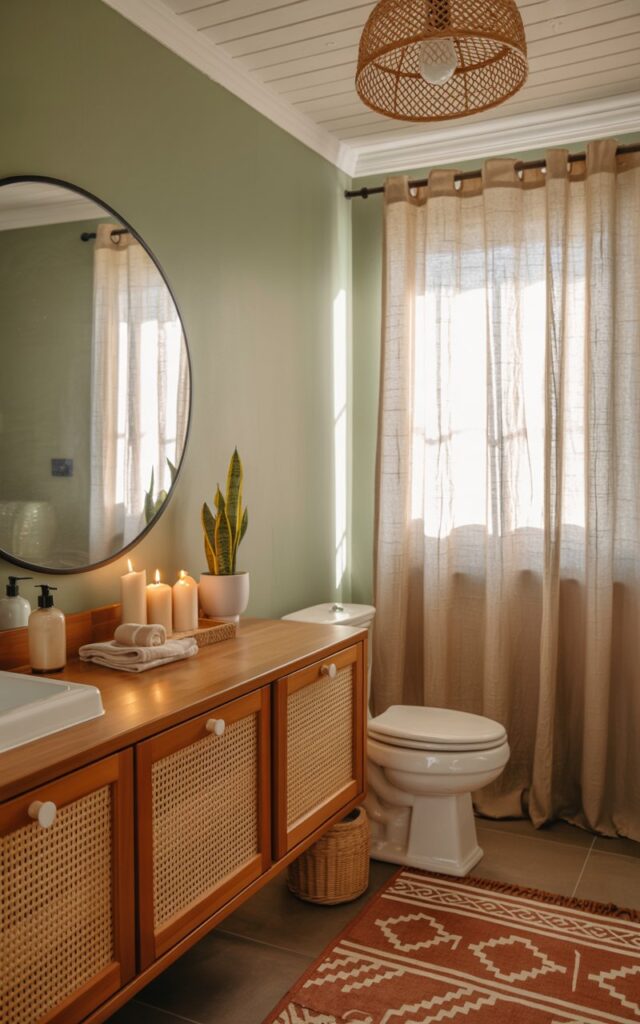 A beautifully styled modern Boho-farmhouse bathroom featuring a floating vanity with natural cane webbing cabinet doors and a warm honey-toned wood countertop. The vanity is thoughtfully arranged with a cream ceramic soap dispenser, neatly folded linen hand towels, flickering pillar candles, and a small potted snake plant, all positioned beneath a large circular mirror with a thin black frame. A white porcelain toilet sits adjacent to a window dressed in flowing linen curtains that filter soft morning light across the space, while a geometric patterned rug in muted terracotta and cream anchors the room. A woven rattan pendant light hangs from the white shiplap ceiling, casting warm shadows that enhance the earthy palette of sage greens, warm whites, and natural wood tones.