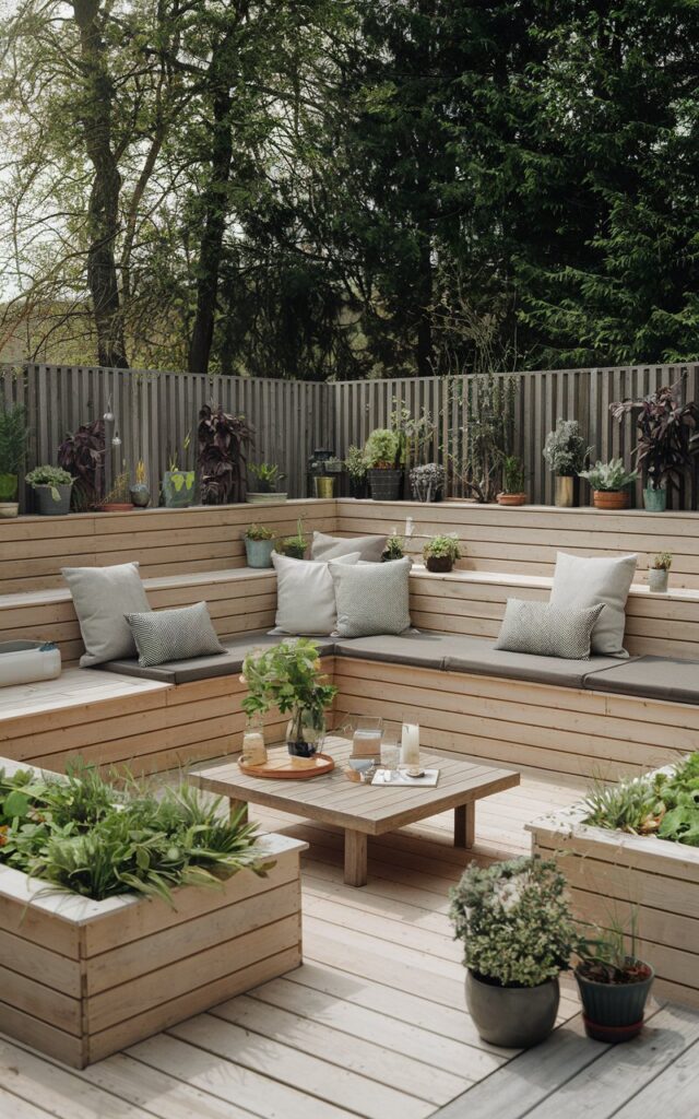 A photo of a modern English countryside backyard patio with 2 terraced seating areas. The seating terraces are made of natural wood and have 2-3 integrated planter boxes filled with greenery. There are cushioned benches and a low coffee table with essentials. The area is decorated with potted plants. The background contains a fence and trees. The lighting is soft natural light.