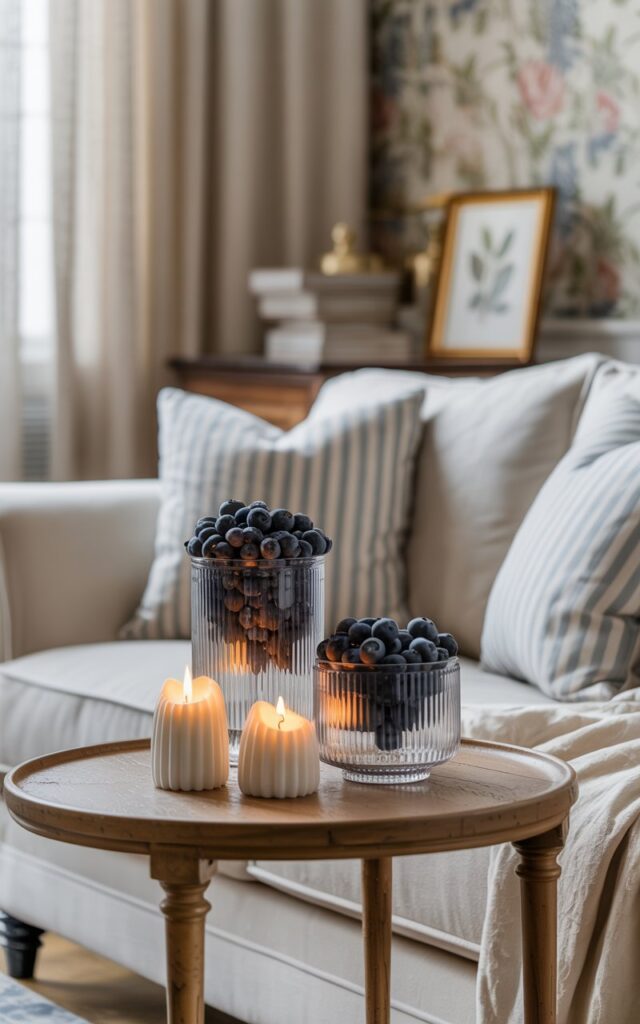 A photograph of a modern French country-style living room showcasing an elegantly styled wooden side table positioned next to a plush cream-colored sofa. On the table, two to three stylish ribbed glass jars are filled with vibrant blueberries, their deep indigo hues contrasting beautifully with small white sculptural candles that flicker with warm golden flames. The sofa is adorned with soft blue and white striped pillows and a cashmere throw, while the background features subtle floral wallpaper and a small framed botanical print in an antique brass frame. Soft natural light filters through sheer curtains, creating a warm and inviting ambiance that highlights the textures and colors throughout the space.