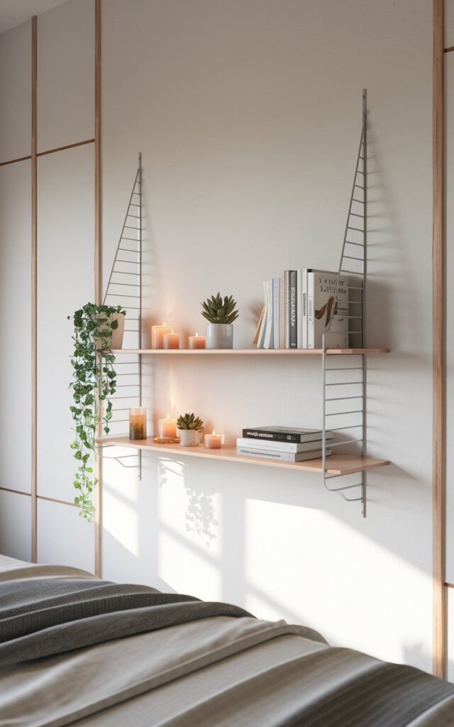A high-resolution photo of a modern Japandi bedroom with a sleek floating shelf mounted on the wall. The shelf is styled minimally with small potted plants, candles, and a few carefully curated books. The room has a calm, neutral color palette with natural wood accents, clean lines, and a serene, clutter-free aesthetic. Soft natural light illuminates the space, highlighting the balance of functionality and simplicity.