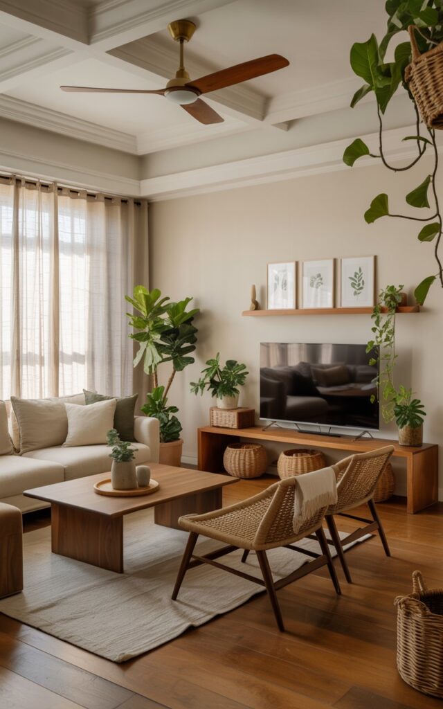 A serene modern living room that perfectly blends Japandi minimalism with cottagecore warmth, featuring clean lines and natural textures throughout. The space showcases a low-profile neutral linen sofa adorned with soft throws in cream and sage green, paired with a sleek walnut coffee table and woven rattan accent chairs that invite relaxation. Potted fiddle leaf figs and trailing pothos plants bring life to the corners, while jute baskets provide stylish storage beneath a wall-mounted wooden TV console displaying small framed botanical prints. Soft daylight filters through linen curtains, illuminating the rich wooden floors and elegant coffored ceiling with a modern brass fan, creating gentle shadows that enhance the room's peaceful, organic atmosphere.