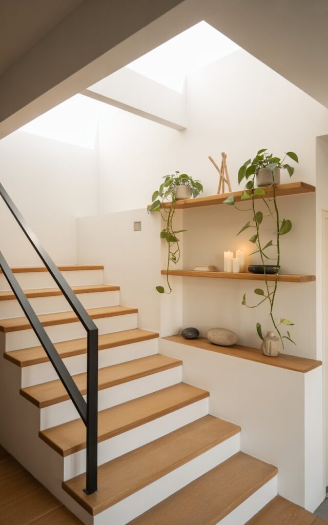 A minimalist Japandi-style staircase with light oak wooden treads and crisp white risers, ascending toward a serene bedroom under a geometric skylight. Along the white staircase wall, three floating wooden shelves display trailing pothos plants in simple ceramic planters, small white pillar candles, and a few natural objects like smooth river stones and a small bamboo sculpture. The sleek black metal handrail follows clean geometric lines, while warm natural light streams through the rectangular skylight above, casting soft shadows on the pale wooden steps. The neutral palette of warm whites, natural wood tones, and sage green plant accents creates a perfect harmony of Scandinavian simplicity and Japanese tranquility.