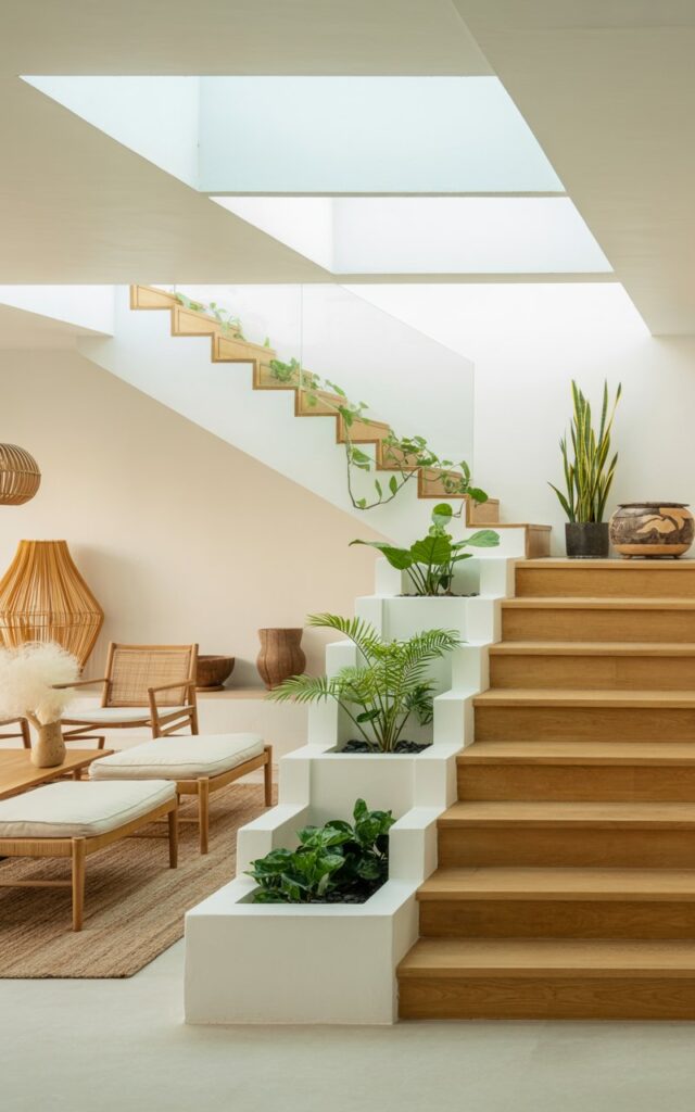 A modern interior photograph showcasing a Scandinavian-Balinese fusion living room with a striking open staircase as the focal point. The staircase features light oak treads and crisp white risers, complemented by a sleek glass balustrade, with small rectangular built-in planters on each landing containing lush pothos vines, compact palm fronds, and tall snake plants that cascade naturally down the steps. The living space below combines minimalist Scandinavian furniture in warm white and cream tones with Balinese-inspired woven rattan accents, natural jute rugs, and subtle tropical décor elements like bamboo light fixtures and carved wooden bowls. Overhead, a large rectangular skylight bathes the entire space in soft, diffused daylight, creating gentle shadows that emphasize the clean architectural lines and organic textures throughout the serene, airy interior.