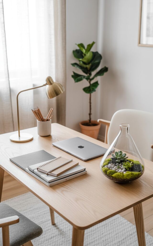 A photograph of a modern Scandinavian home office showcasing a minimalist desk as the central focus. The desk is made of light ash wood and holds a silver laptop, a stack of linen-covered notebooks, a white ceramic mug filled with pencils, and a brass desk lamp; a tiny glass terrarium containing vibrant green moss, smooth grey pebbles, and miniature succulents sits elegantly in the corner. The room has crisp white walls, a light grey textured rug underneath the desk, and a single fiddle-leaf fig plant in a terracotta pot adding a touch of warmth, bathed in soft, diffused natural light streaming through a sheer linen curtain. The scene exudes a calm and productive atmosphere, emphasizing clean lines and a neutral color palette.