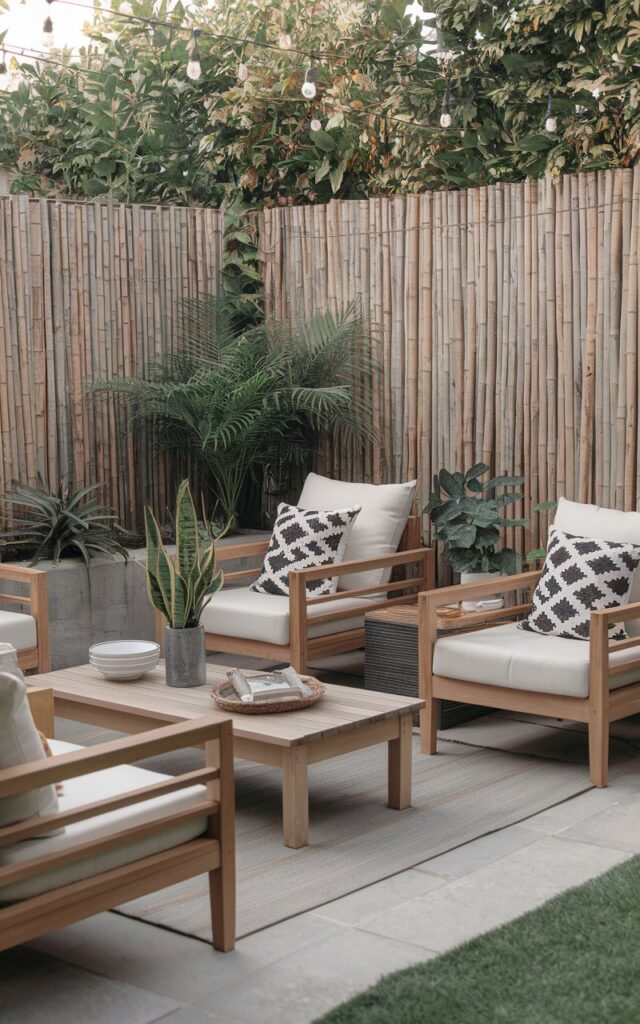 A photo of a modern Scandi + rustic + chic backyard patio. The patio is furnished with wooden lounge chairs, a low coffee table, patterned cushions, and potted plants. The space is surrounded by vertical bamboo fencing, providing privacy and a stylish texture. The background contains lush greenery. The patio has soft ambient lighting and subtle décor accents, creating a cozy, inviting atmosphere.