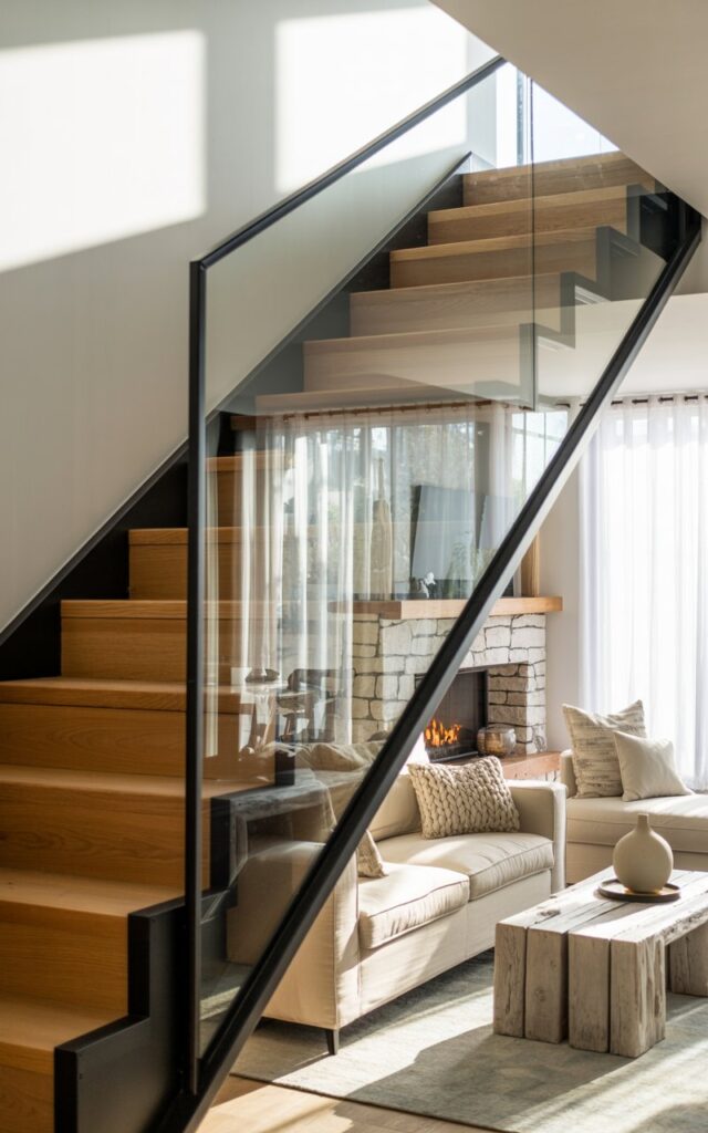 A modern interior photograph showcasing an alpine chic and coastal fusion living room with a striking staircase as the focal point. The staircase features light oak treads supported by sleek black metal framing, with floor-to-ceiling transparent glass panels serving as railings that create an ethereal, floating effect. The living area seamlessly blends mountain warmth and coastal serenity with neutral linen sofas in cream and sand tones, chunky woven throw pillows, weathered driftwood coffee table accents, and a rustic stone fireplace with clean geometric lines. Abundant natural sunlight streams through sheer white curtains, casting gentle reflections across the glass railings and crisp white walls, while highlighting the textural interplay of natural materials throughout the bright, sophisticated space.