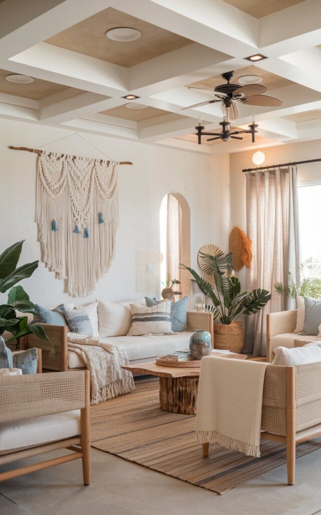 A photo of a modern boho-chic living room with layered textures, neutral tones, and warm, inviting decor. A white macramé wall hanging with subtle blue accents is displayed as the focal point above a cozy sofa. The room features natural wood furniture, rattan and woven details, potted plants, and textured throw blankets. Coffered ceiling with a chandelier integrated with a fan. Soft, diffused daylight fills the space, highlighting the earthy materials and blue accents. The overall vibe is relaxed, stylish, and effortlessly curated.