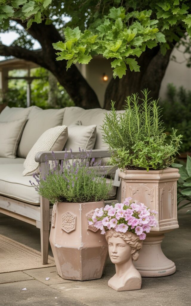 A photograph of a charming cottagecore patio featuring two hexagon-shaped planters and two female bust-shaped planters as its focal point. The planters, crafted from weathered terracotta, overflow with vibrant lavender, cascading rosemary, and delicate pink petunias, their colors contrasting beautifully against the muted tones of the patio. A comfortable, cream-colored linen sofa is positioned nearby, adorned with plush cushions and a textured woven rug, inviting relaxation. Soft, dappled sunlight filters through the leaves of a mature oak tree, creating a tranquil ambiance and highlighting the delicate textures of the plants and the rustic wooden furniture.