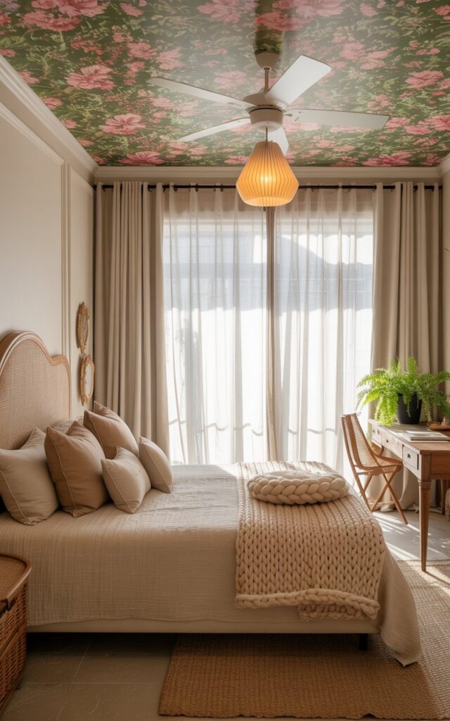 A photograph of a modern cottagecore bedroom centered around a plush, king-sized bed with a woven cream-colored headboard. The bed is adorned with several linen pillows in soft earthy tones and a chunky knit throw blanket, facing a large window with sheer, cream-colored curtains allowing diffused sunlight to stream in. Above the bed, a detailed ceiling features bright floral wallpaper in shades of pink and green, illuminated by a hanging pendant light integrated with a ceiling fan emitting a warm glow. A vintage wooden desk with a potted fern sits nearby, completing the whimsical and elegant atmosphere of the room.
