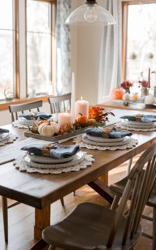 A photo of a modern cottagecore dining area styled for fall. There's a wooden dining table adorned with layered white patterned table linens. On top, blue textured or patterned napkins are neatly arranged. Seasonal accents like small pumpkins, candles, and autumnal greenery are neatly arranged on a decorative tray in the centre of the table. Pendant light is hanging above. The room includes soft natural light from nearby windows, rustic chairs, and warm wooden flooring, creating a relaxed yet refined ambiance perfect for casual yet stylish dinner parties.