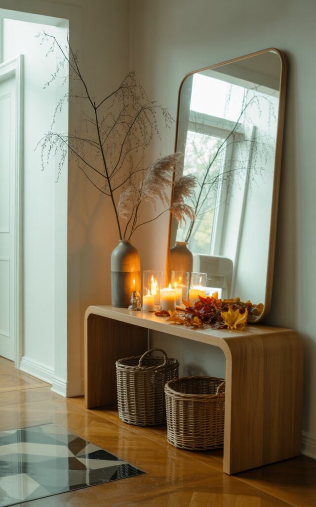 A photograph of a modern cottagecore-style hallway entrance filled with soft, diffused natural light streaming through unseen windows. The focal point is a sleek light oak console table artfully arranged with scattered amber and crimson autumn leaves, flickering pillar candles in clear glass holders, and a large rectangular mirror with a thin wooden frame that captures and reflects the warm daylight. A tall ceramic vase holds graceful bare branches and wispy dried pampas grass, adding vertical interest and organic texture to the composition. Below the console, two woven rattan baskets provide subtle storage, while a geometric-patterned runner in muted earth tones stretches across the polished hardwood floor, completing this serene blend of natural elements and contemporary minimalism.