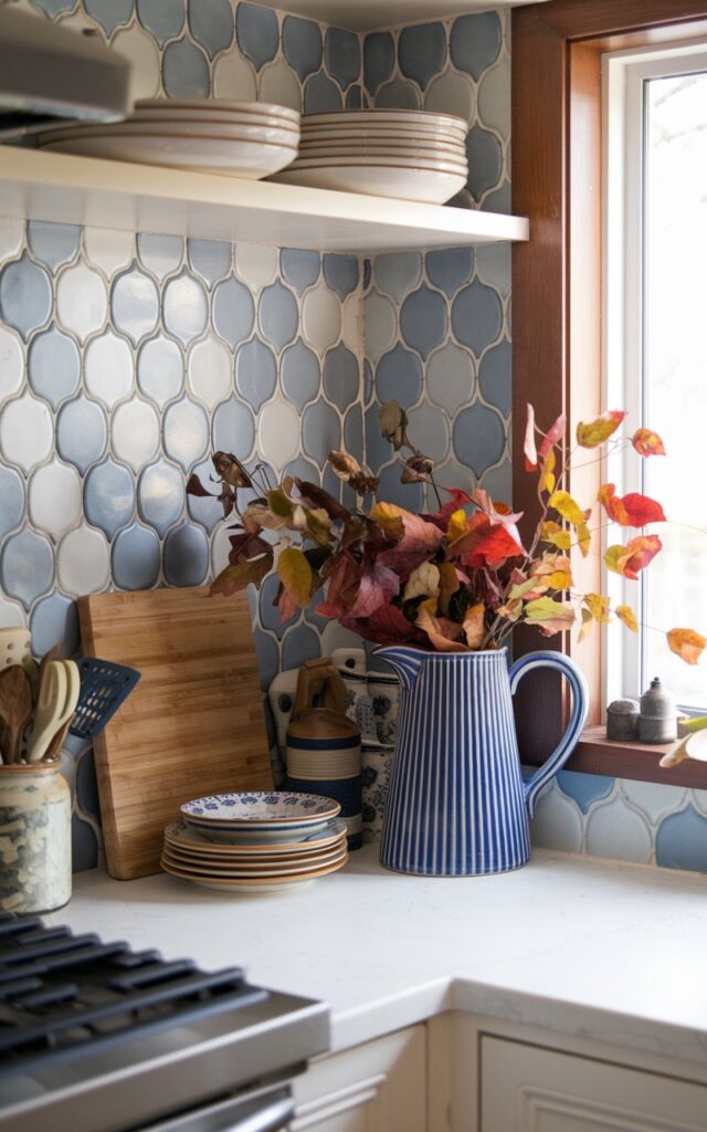 A photo of a modern cottagecore-style kitchen with a unique, eye-catching backsplash. The backsplash is made of blue and white tiles in a ribbed pattern. There's a blue ceramic ribbed pitcher filled with fall foliage on the kitchen counter. The counter also holds stacked plates, a wooden cutting board, and a jar of utensils. The space has a cozy, lived-in charm and is bathed in warm natural light from a nearby window.