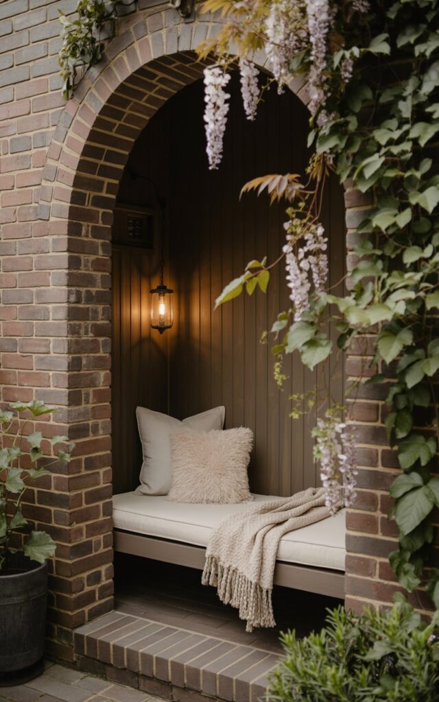 A photograph of a cozy outdoor nook within a modern cottagecore patio. The nook features a built-in wooden bench, deeply shadowed and adorned with a plush cream cushion and a woven throw blanket, creating an inviting and intimate space. Climbing ivy and blush-pink wisteria vines cascade over a weathered brick archway framing the bench, while a small vintage lantern hangs nearby emitting a soft warm light. The scene is bathed in dappled sunlight filtering through the leaves, creating a serene and enchanting atmosphere.