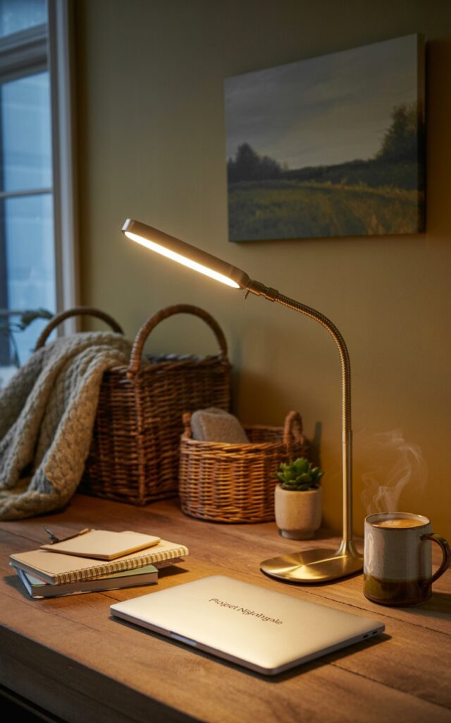 A photograph of a sleek, adjustable clip-on reading lamp illuminating a rustic wooden desk in a countryside home office at night. The lamp features a brushed brass finish and a flexible gooseneck, casting a warm and focused glow on the desk surface, highlighting a silver laptop displaying "Project Nightingale" and a stack of lined notebooks. Woven baskets filled with soft blankets, a small potted succulent, and a ceramic mug filled with steaming coffee add to the cozy atmosphere, while a muted landscape painting hangs on the wall behind the desk. Soft, ambient light from a nearby window gently illuminates the room, creating a peaceful and inviting workspace.
