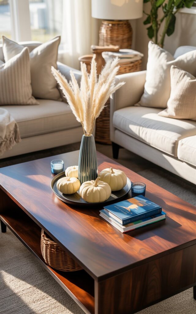 A photograph of a modern farmhouse living room featuring a dark mahogany coffee table as the focal point, styled with an elegant seasonal centerpiece. The sleek table displays a slim tall blue ceramic vase filled with soft pampas grass plumes, accompanied by 2-3 medium-sized creamy white pumpkins, two small blue votive candles, and a pair of books with deep blue covers arranged in perfect harmony. The surrounding space showcases light neutral-toned sofas adorned with textured throw pillows in cream and beige, complemented by woven baskets and natural fiber accents that enhance the rustic charm. Gentle morning sunlight streams through sheer curtained windows, casting warm golden rays that illuminate the rich wood grain of the coffee table and create a fresh, breezy atmosphere throughout the inviting space.