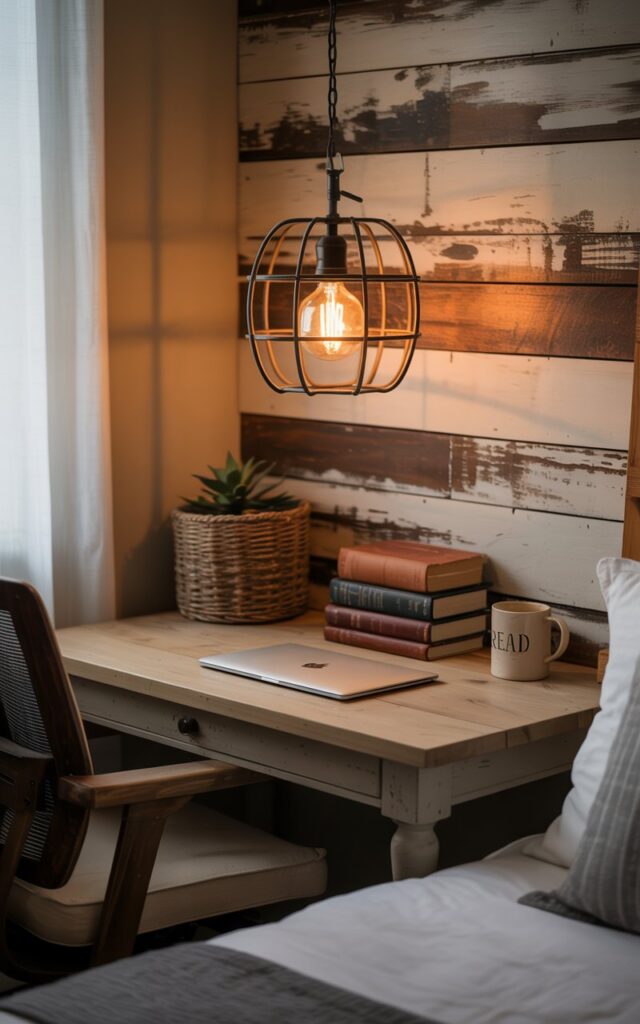 A photograph of a cozy modern farmhouse-style home office nestled in the corner of a dimly lit bedroom. The workspace features a simple, reclaimed wood desk holding a silver laptop, a stack of leather-bound books, and a cream-colored ceramic mug with the word "READ" printed on it. Above the desk hangs a wrought-iron pendant light with a soft amber Edison bulb illuminating the area, creating a warm glow that highlights the distressed shiplap wall behind the desk and the woven basket holding a small succulent. The scene is bathed in the soft light, emphasizing the rustic ergonomic chair and the quiet, comforting atmosphere of the room.
