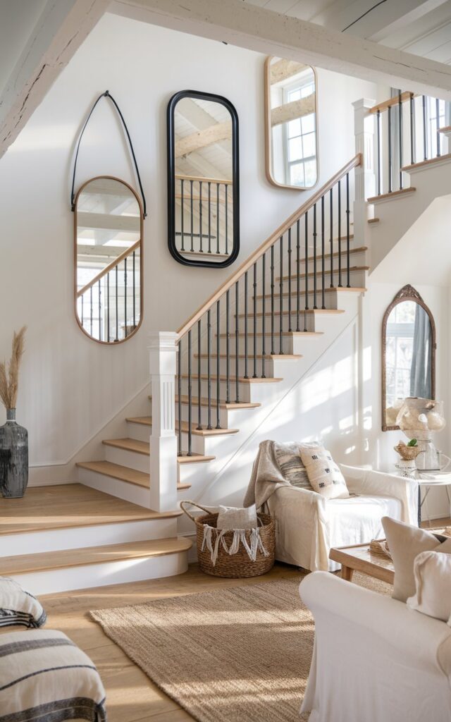 A photo of a modern farmhouse living room with a rustic style. There's a staircase with 3-4 mirrors hung along the staircase wall to create a sense of spaciousness. The mirrors vary in shape—round, oval, and rectangular—with wooden and black metal frames that complement the rustic aesthetic. The staircase has natural wood treads, white risers, and a simple black handrail. The living room includes cozy farmhouse touches like woven baskets, linen furniture, and a jute rug, all softly lit by natural sunlight reflecting off the mirrors for a bright, airy, and welcoming feel.