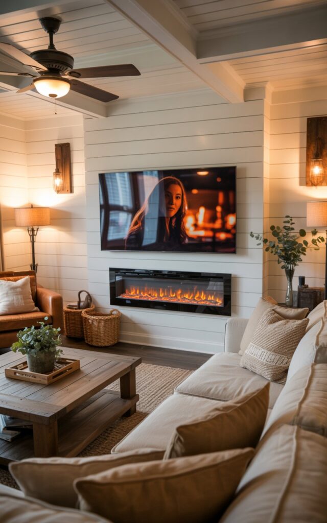 A photograph of a modern farmhouse living room showcasing a wall-mounted flat-screen TV above a sleek electric fireplace, with warm flames flickering below and a cozy movie scene glowing on the screen. The space features a plush cream-colored sectional sofa adorned with textured throw pillows, a reclaimed wood coffee table, and leather accent chairs positioned around the seating area. Soft ambient lighting emanates from bronze floor lamps and rustic wall sconces, while a painted coffered ceiling with a vintage-style ceiling fan adds architectural interest above. Natural elements like woven jute baskets, potted eucalyptus plants, and shiplap accent walls in warm white create a perfect balance of rustic charm and contemporary comfort.