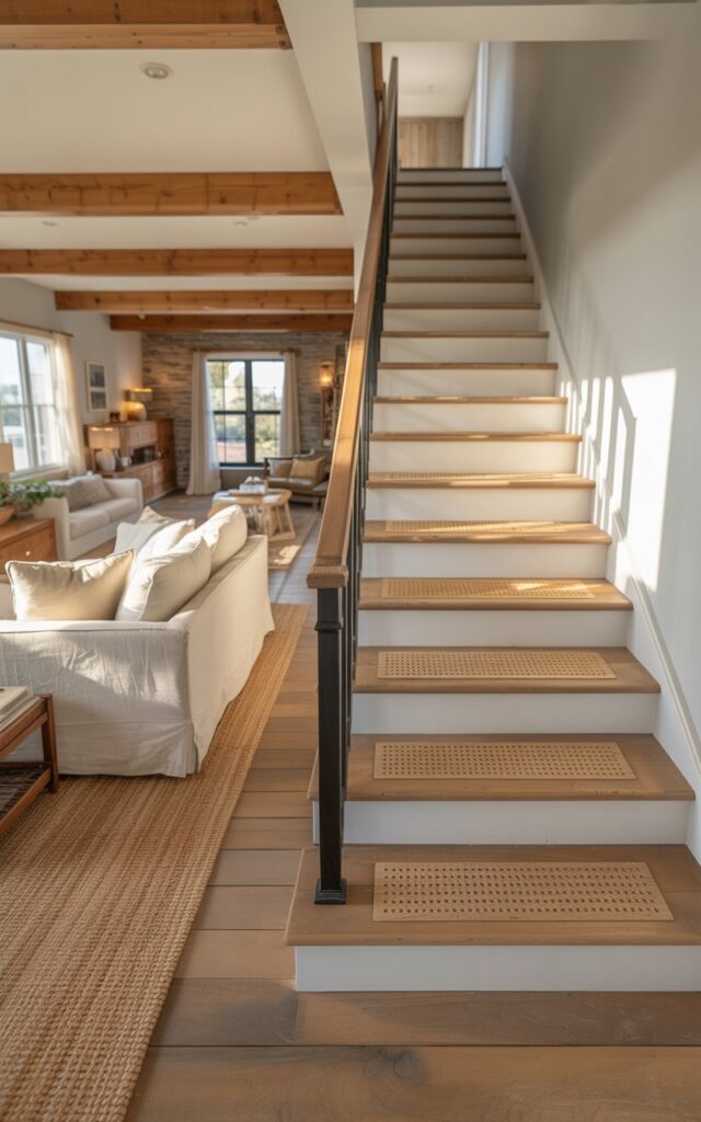 A modern farmhouse interior featuring an open-concept living room that flows seamlessly into a bedroom area, anchored by a beautifully crafted staircase with safety-focused non-slip treads. The staircase showcases natural wood treads with subtle textural graining, complemented by crisp white painted risers and a simple wooden handrail accented with sleek black metal balusters. The living space combines cozy farmhouse elements including cream linen sofas, layered woven jute rugs, and exposed cedar ceiling beams, while rustic stone accent walls and carefully curated vintage décor pieces add warmth and character. Soft natural light streams through large windows, casting gentle shadows that highlight the staircase's safety features while bathing the entire space in a golden, inviting glow.
