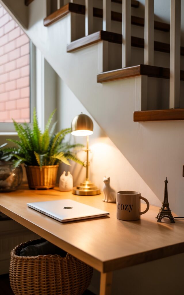 A photograph of a cozy modern farmhouse-style home office nestled under a staircase. A sleek, minimalist wooden desk sits centered, holding a silver laptop, a ceramic coffee mug with the word "COZY" printed on it, and a small brass lamp radiating a warm glow; a tiny porcelain cat figurine and a miniature Eiffel Tower keychain add a touch of vintage charm. Soft morning sunlight streams through a nearby window, illuminating a textured rug, a woven basket, and a vibrant potted fern, creating an intimate and stylish workspace. The overall scene exudes practicality and warmth, showcasing a clever use of space with an inviting, personality-filled atmosphere.