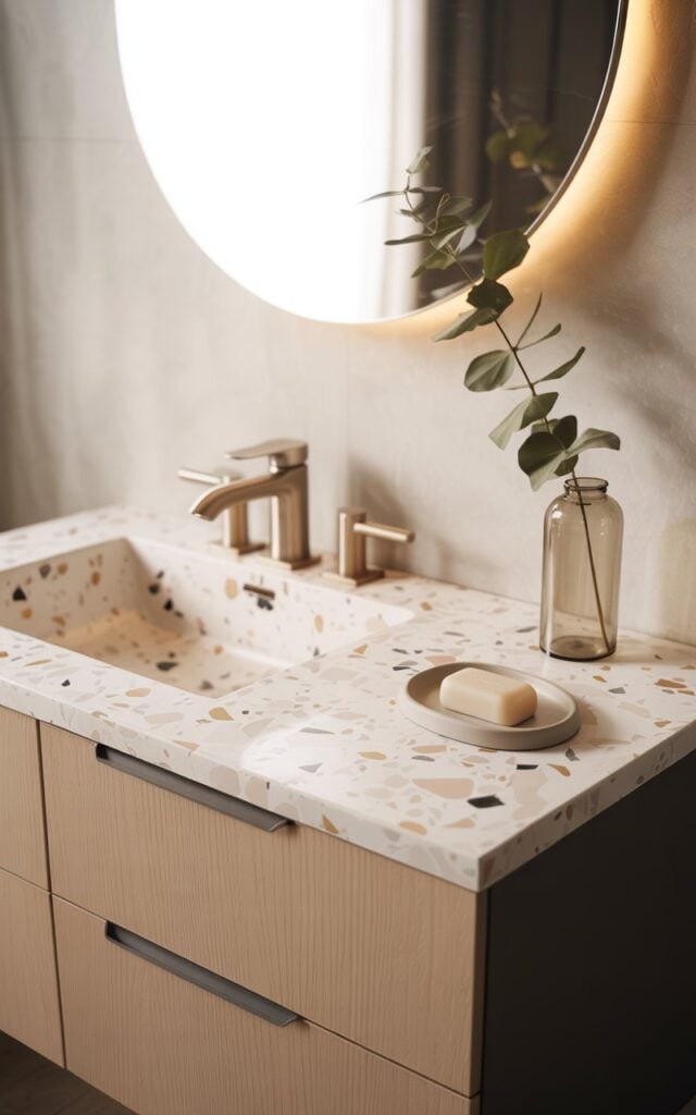 A photograph of a modern glam Japandi-style bathroom vanity featuring a stunning countertop covered in elegant peel-and-stick terrazzo paper with soft neutral tones of beige, white, blush pink, and subtle gold flecks. The minimalist vanity showcases clean geometric lines with light oak wood cabinetry and matte black accents, topped by a perfectly round mirror with gentle LED backlighting creating a warm halo effect. Carefully curated accessories include a smooth ceramic soap dish, a slender glass vase holding a single eucalyptus stem, and brushed gold fixtures that catch the light beautifully. The scene is bathed in soft, diffused natural light that emphasizes the serene balance between natural simplicity and luxurious sophistication.
