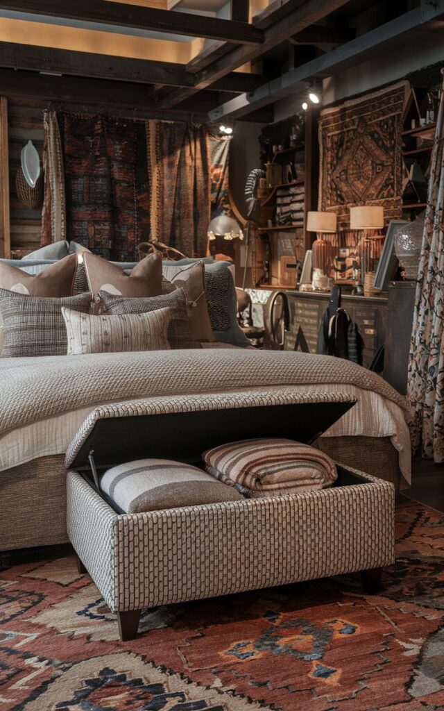 A photo of a modern posh rustic bedroom. There's a patterned ottoman placed at the foot of the bed, open to reveal neatly stored blankets inside. The bed is layered with textured bedding and patterned pillows. The room is surrounded by eclectic furniture and decorative accents. There are warm wood tones, vintage rugs, and a mix of patterns and textures. The atmosphere is rich and lived-in. The lighting is soft ambient lighting from scones.