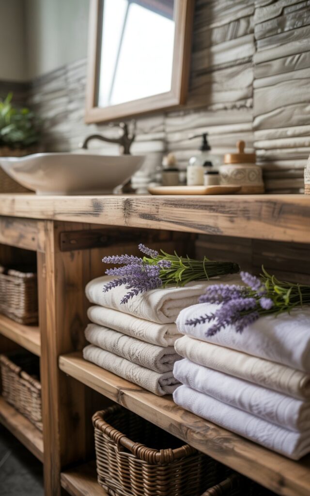 A modern rustic bathroom interior showcasing an open wooden shelf with neatly folded cream and white linen towels, each bundle adorned with fresh lavender sprigs that add delicate purple accents. The reclaimed wood vanity features rich grain patterns and weathered edges, topped with a vessel sink and matte black faucet, while textured stone tiles in warm gray tones create visual depth on the accent wall. Soft natural light streams through a window, casting gentle shadows that highlight the organic textures of woven storage baskets, ceramic apothecary jars, and brushed metal fixtures. The overall atmosphere exudes spa-like tranquility, where contemporary functionality seamlessly blends with rustic charm and the calming aromatherapy essence of lavender.